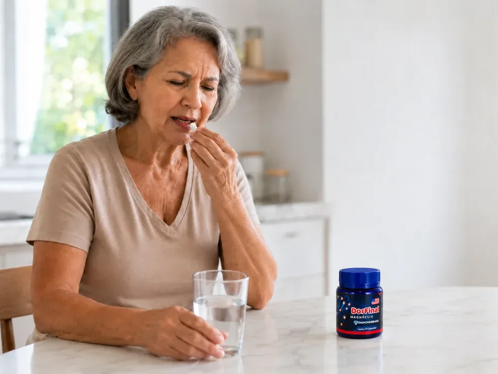 Mulher tomando uma cápsula com um copo d’água, o frasco do Dor final sobre a mesa