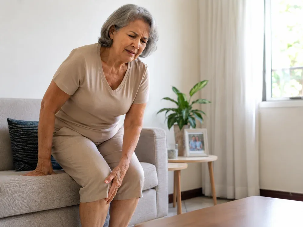 Mulher sentada no sofá levando a mão ao joelho